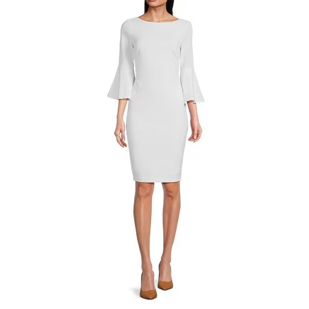 Calvin Klein white dress with bell sleeves.  Gold zipper closure in back. Size 8